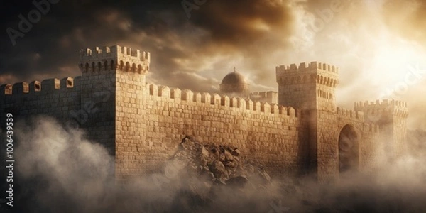 Obraz The ancient building is broken, with the sun shining on them and dark clouds in front. There is dust flying around them.