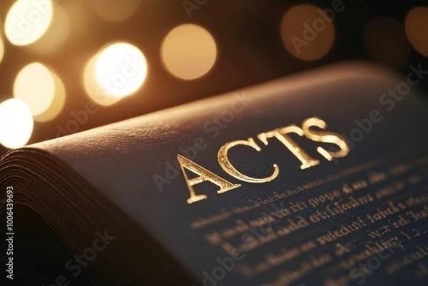 Obraz The word ACTS in large gold letters on top of an open book, the background is dark with bokeh lights and light rays shining