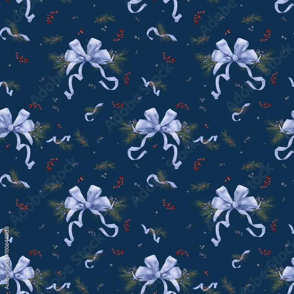 Fototapeta Festive bow with satin ribbons. Seamless Christmas pattern. Watercolor illustration in digital. Pine and fir branches, red winter berries, blackthorn, isolated on a dark background. New Year's decor