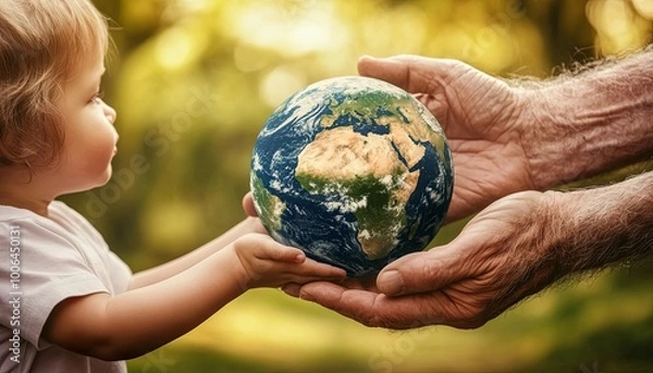 Fototapeta A young child and an elderly man hold a globe in their hands, symbolizing the passing of the planet's future from one generation to the next.