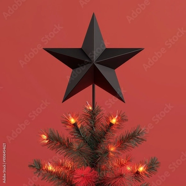 Fototapeta Black star tree topper on a Christmas tree with glowing lights, festive background.. 3d, illustration