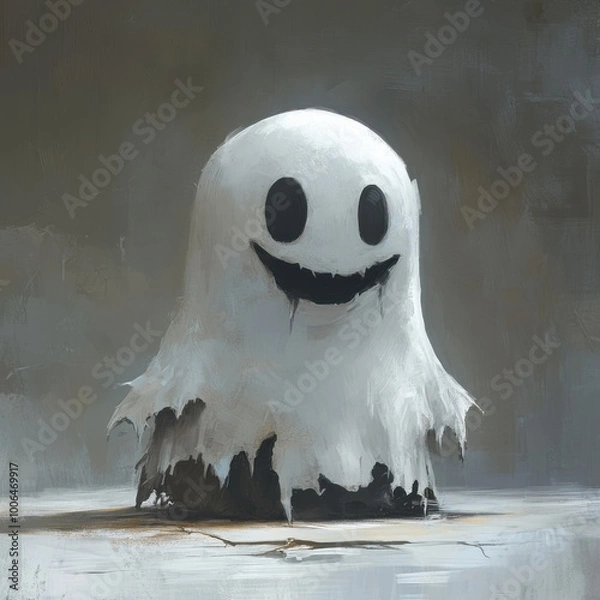 Fototapeta Cheerful Quirky Ghost with Friendly Smile in Ghostly White Background