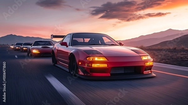 Fototapeta Red Sports Car Leading a Pack on a Winding Road at Sunset