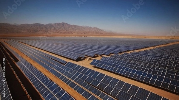 Obraz extensive solar farm situated in a vast desert landscape. The image showcases rows upon rows of solar panels stretching across the arid terrain, capturing the abundant sunlight to generate renewable 