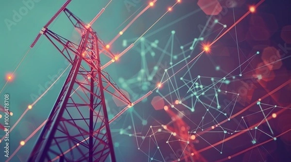 Fototapeta Futuristic Power Grid with High Voltage Tower and Digital Network Connections