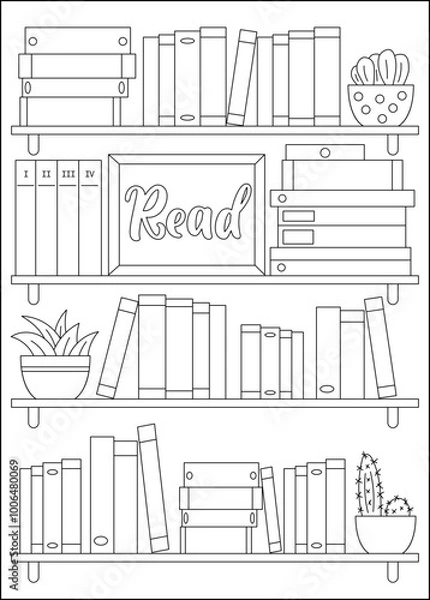 Obraz encyclopedia bookshelf minimal style coloring book page