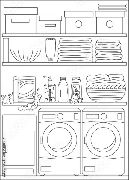 Obraz laundry bookshelf minimal style coloring book page