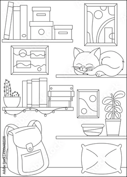 Obraz cat bookshelf minimal style coloring book page
