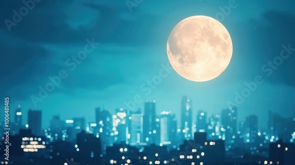 Fototapeta A breathtaking view of a full moon illuminating a vibrant urban skyline at night, creating a serene and magical atmosphere perfect for city lovers.