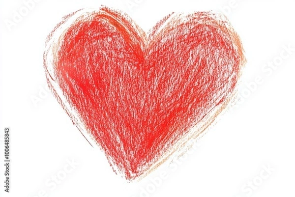 Fototapeta Hand drawn red crayon heart isolated on white background.