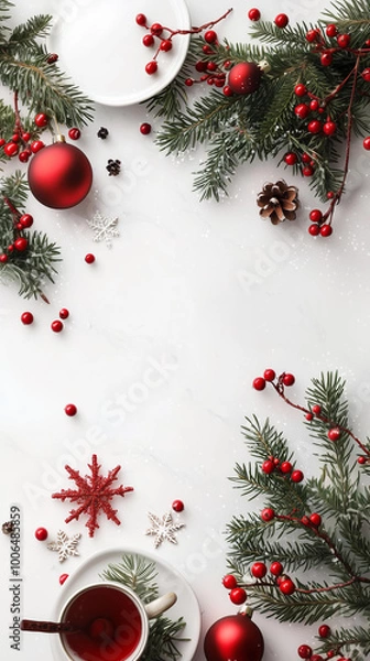Fototapeta Christmas border with Christmas table decoration with traditional dish pine branches, snow, and red berries on a white background
