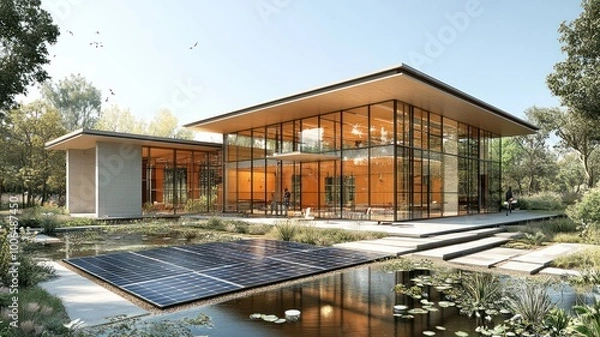 Obraz Modern glass house surrounded by nature and solar panels.