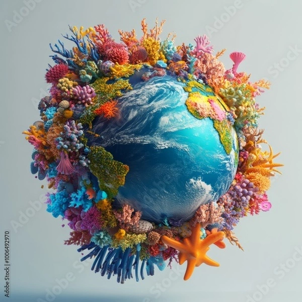 Fototapeta A vibrant 3D globe surrounded by colorful aquatic elements, symbolizing global conservation efforts, isolated against a neutral background