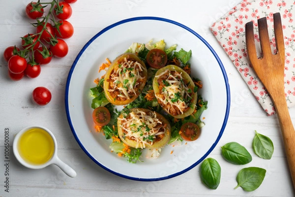 Obraz Baked potatoes stuffed with meat and baked in the oven. Top view table with  decorations.