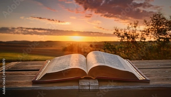 Fototapeta The Bible with Sunset on a Quiet Hilltop. An open Bible rests on a weathered wooden bench, bathed in the golden glow of a setting sun.