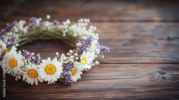 Fototapeta Delicate Floral Wreath on Rustic Wooden Background