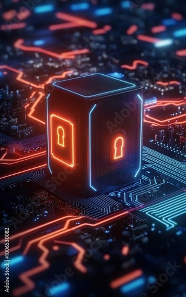 Fototapeta A futuristic digital lock concept set against a vibrant, technological background, representing data security and innovation.