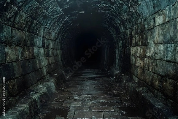 Fototapeta Mysterious dark tunnel passage through ancient stone cave archway offering an adventurous into the unknown depths of the underworld  This moody ominous scene evokes a sense of adventure discovery