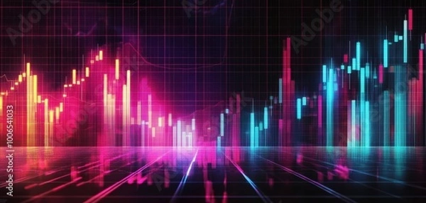 Fototapeta A vibrant digital visualization of market data, featuring colorful financial graphs and dynamic movements against a dark background.