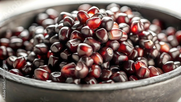 Fototapeta 3D Close-Up of Glistening Pomegranate Seeds on White Background - Macro Shot Highlighting Juicy Texture and Vibrant Red Color in a Slow Zoom