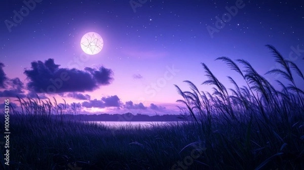 Fototapeta A full moon shines brightly over a tranquil lake, casting an ethereal glow over the tall grass and the night sky.