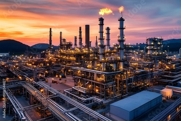 Fototapeta Aerial Panoramic View of a Sprawling Petroleum Refinery Complex at Dusk with a Vibrant Sunset Sky and Glowing Illumination from the Manufacturing Facility