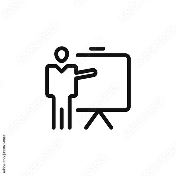 Fototapeta Outline Teacher Icon - Trainer Standing Near Whiteboard for Presentation Demo Vector