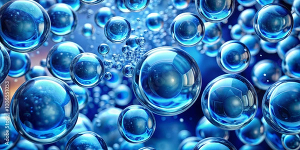 Fototapeta The image showcases countless air bubbles suspended in a bright blue liquid, reflecting light and creating a mesmerizing underwater effect, reminiscent of a serene aquatic environment