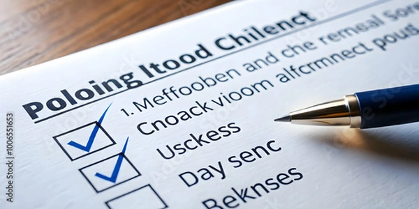 Fototapeta Macro Shot of Glossy Ballot with Policy Checklist for Informed Voting - Panning Camera Effect for High-Quality Photo Stock Concept