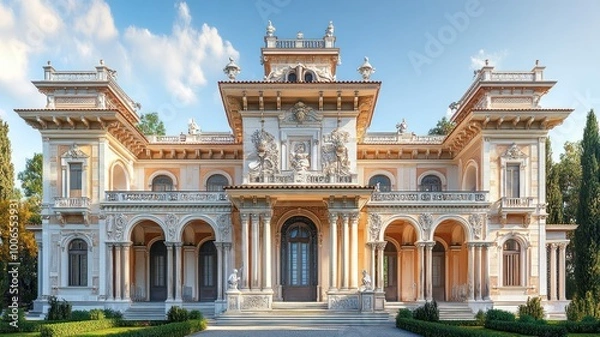 Obraz Elegant mansion with ornate architecture and lush surroundings.