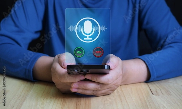 Fototapeta Mic icon and record wave. Deepfake scam. Virtual clone. Chat message. Translation or language learning.audio recording app on phone.