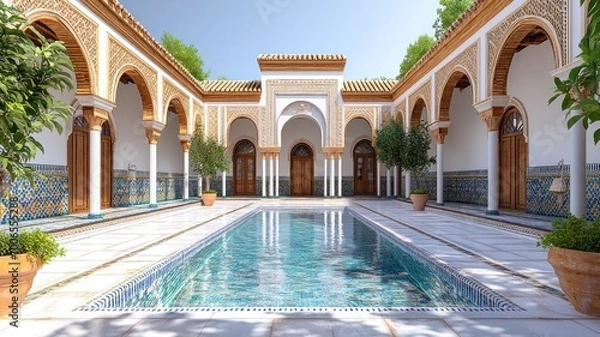 Fototapeta Elegant courtyard with a pool and intricate tilework.