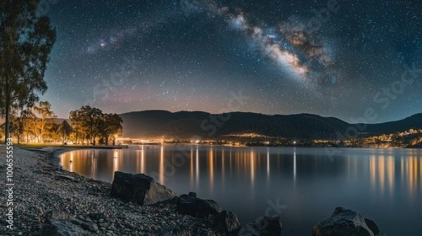 Fototapeta Milky Way arches over serene lake at night, distant town lights reflected in calm waters, rocky shore in foreground