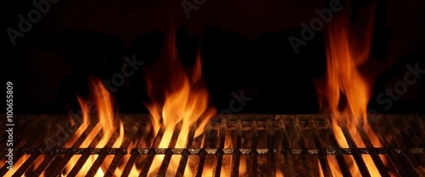Obraz Pusty gorący płonący grill na węgiel drzewny z izolacją jasnego płomienia