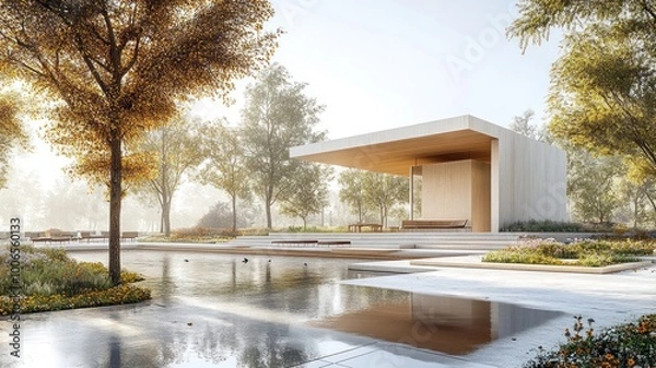 Obraz Modern pavilion in a serene landscape with reflective water features.