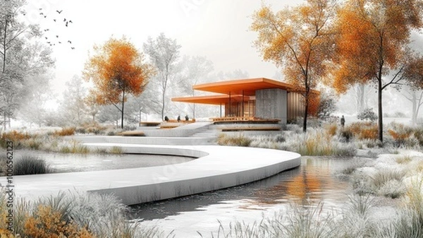Obraz Modern pavilion surrounded by autumn foliage and tranquil water.