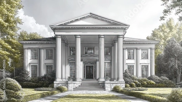 Obraz Elegant neoclassical mansion with columns and manicured gardens.
