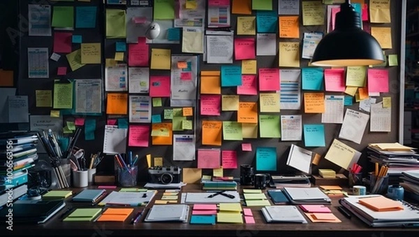 Fototapeta Creative Chaos: Colorful Post-it Note Workspace