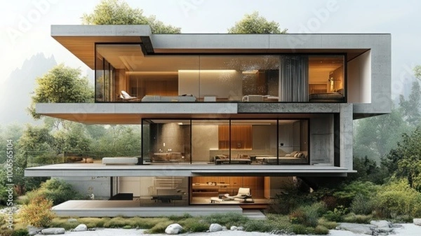 Obraz Modern multi-level house surrounded by nature and greenery.
