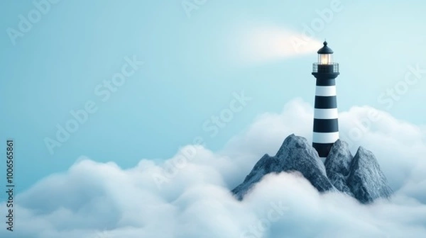 Fototapeta A traditional lighthouse with a black and white striped tower, nestled among weathered rocks. The lighthouse beam cuts through the swirling fog.