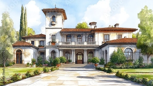 Obraz Elegant mansion with gardens and a classic architectural style.