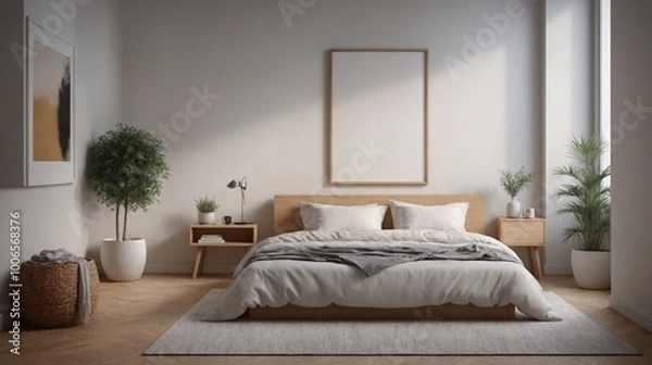 Obraz A master bedroom interior design with a poster frame mock-up on the wall 3d illustration.