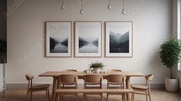 Fototapeta An empty white wall dining room interior design with multiple photo frames on the wall 3d illustration design.