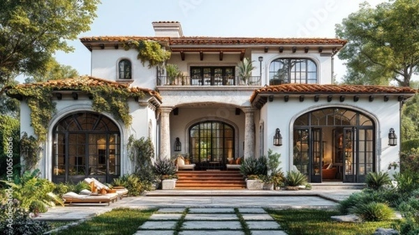 Obraz Elegant two-story house with lush landscaping and inviting entrance.