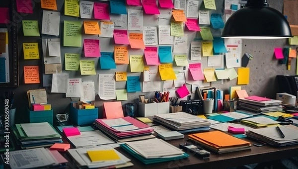 Fototapeta Creative Chaos: Colorful Post-it Note Workspace