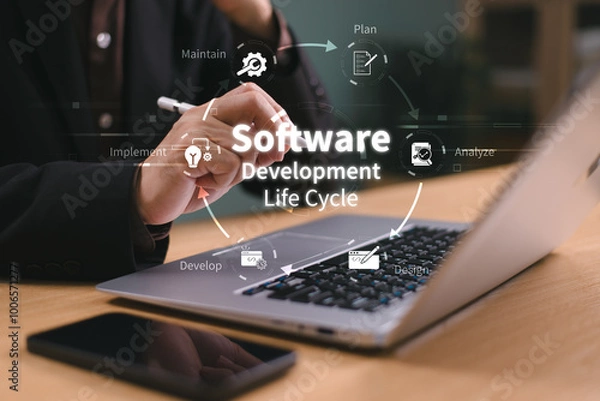 Obraz DevOps software development and IT operations concept. Business software engineer methodology process. Project manager agile methodology, dev ops icon. Development Operations programming technology