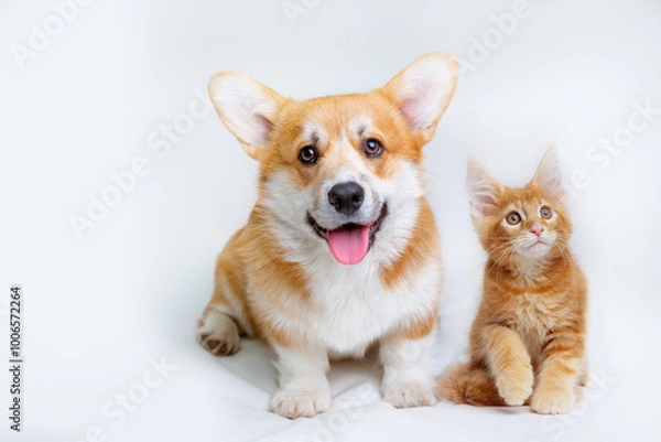 Fototapeta Cute Welsh corgi puppy and a red kitten sit together on a white background. isolated on a white background