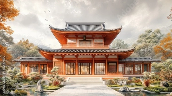 Obraz Elegant Asian-style building surrounded by serene gardens.