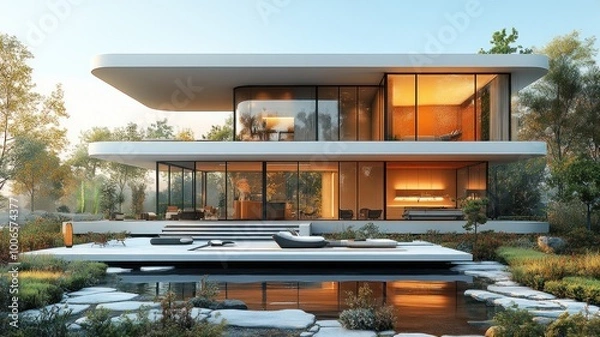 Obraz Modern architectural home with large glass windows and serene landscaping.