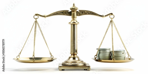 Fototapeta Wide Shot of Scales of Justice Frame with Ballot Weighing More Than Money, Emphasizing Electoral Integrity with Copy Space on White Background